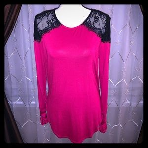 Pink long sleeve shirt w/ black lace shoulders